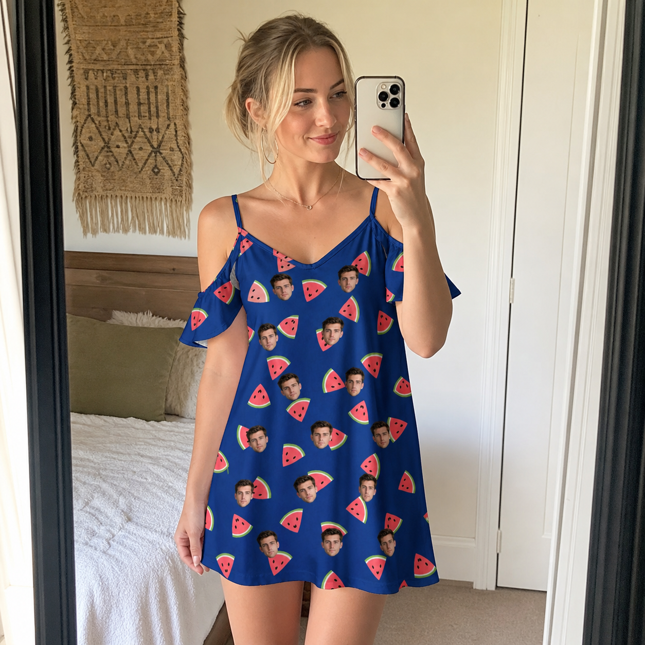 Real-life photo of someone wearing Women's July Quarters Custom Face Off-Shoulder Dress — custom faces printed all-over