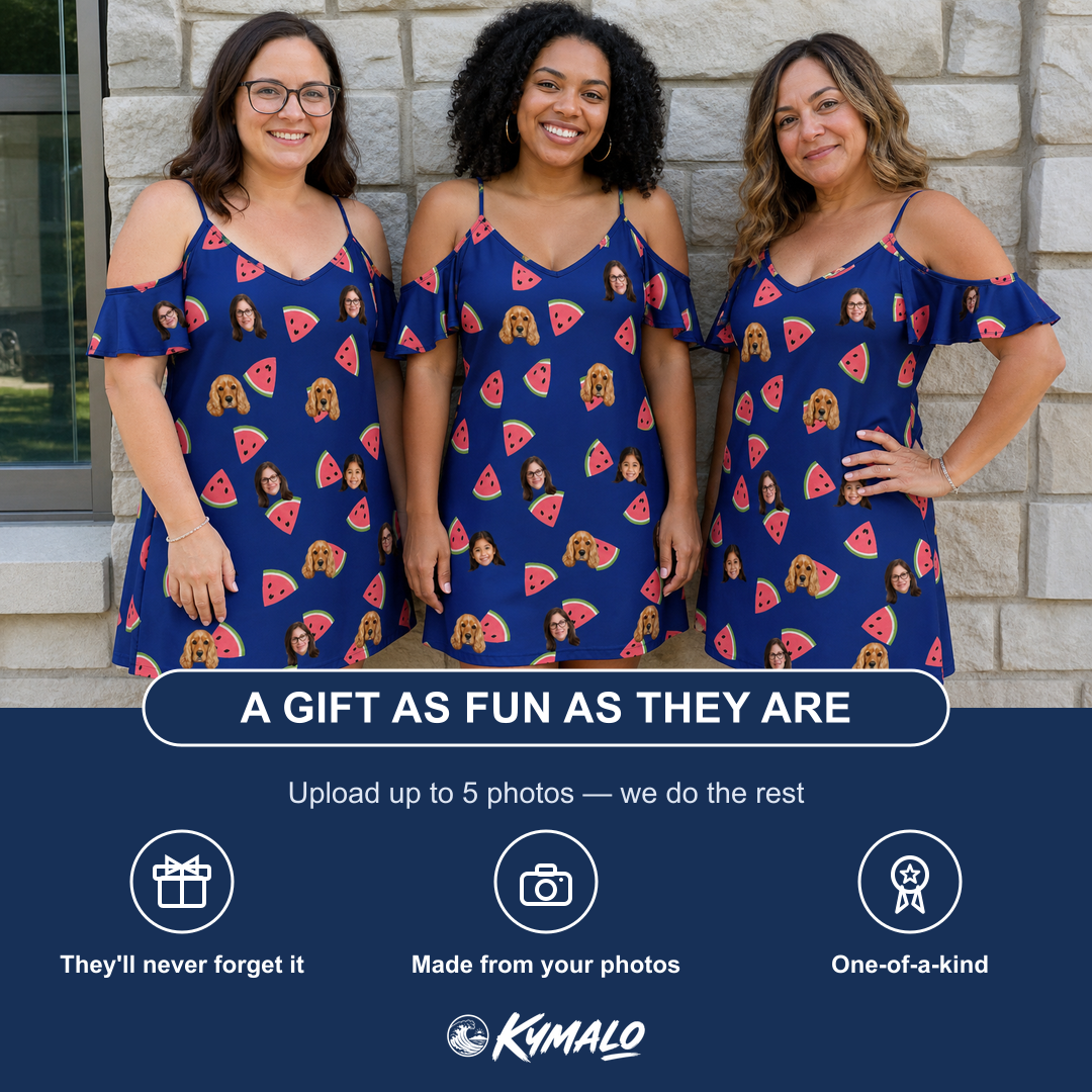 Friends in matching Women's July Quarters Custom Face Off-Shoulder Dress — a group gift photo