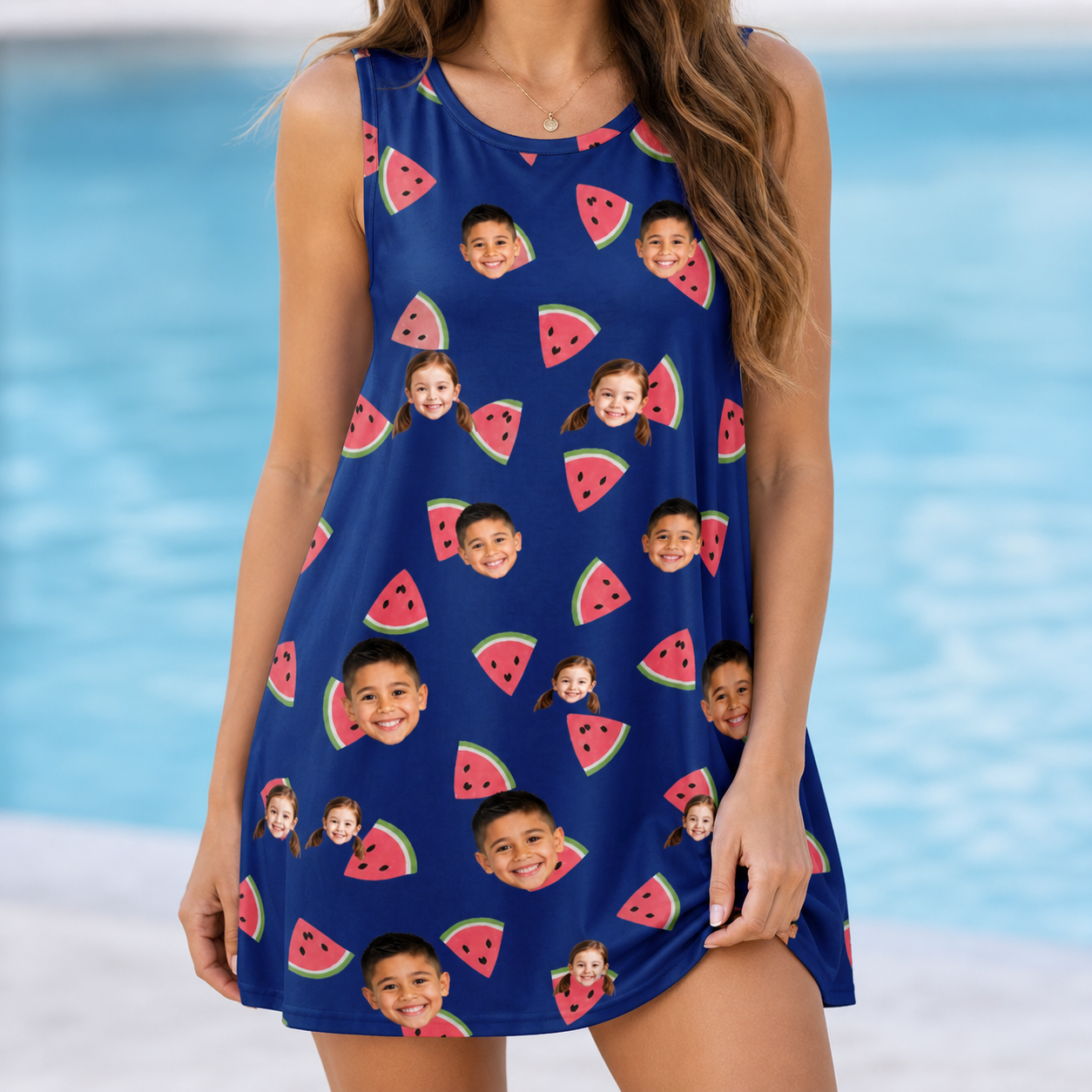 Model wearing Women's July Quarters Custom Face Tank Dress printed with kids' faces