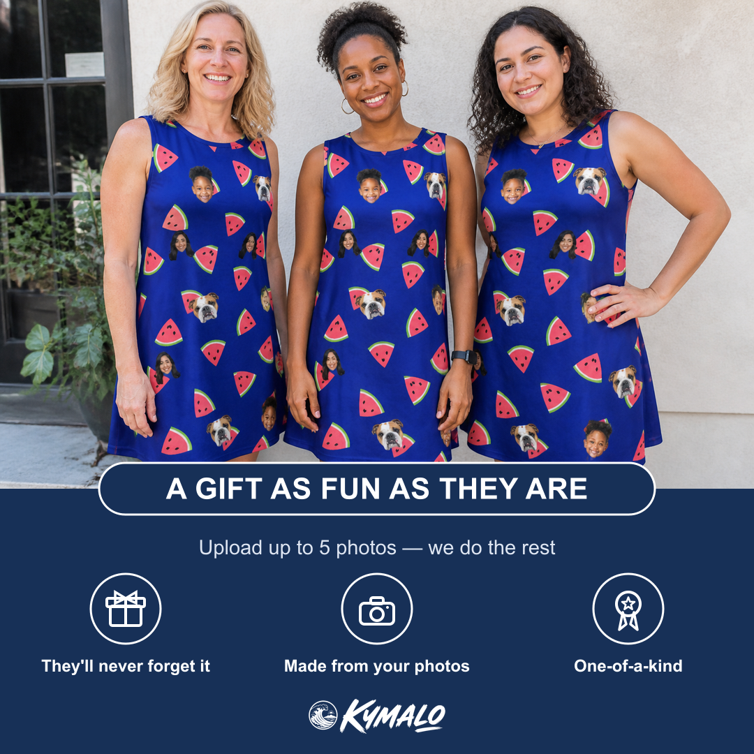Friends in matching Women's July Quarters Custom Face Tank Dress — a group gift photo