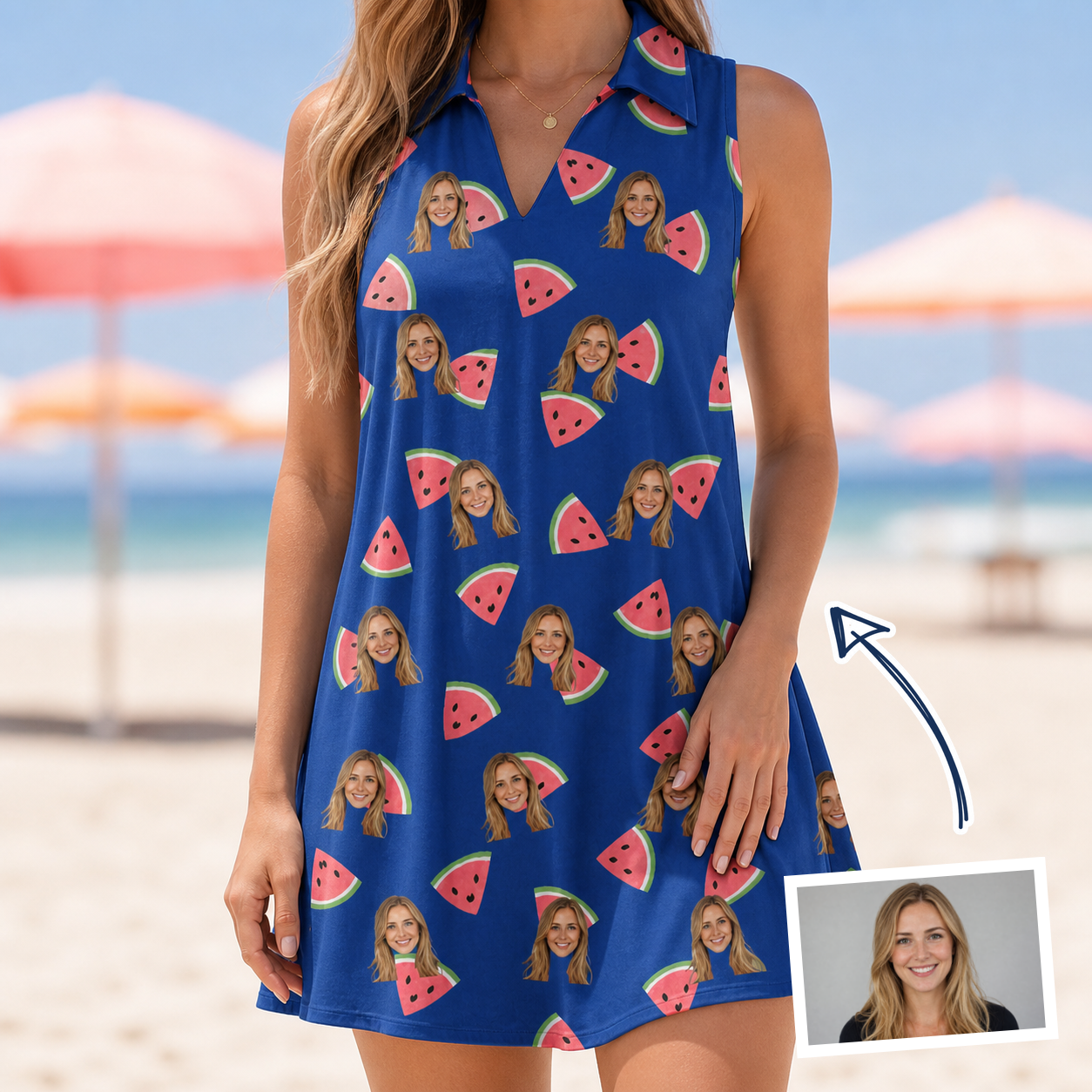 Woman wearing Women's July Quarters Custom Face V-Neck Dress — custom faces printed all-over