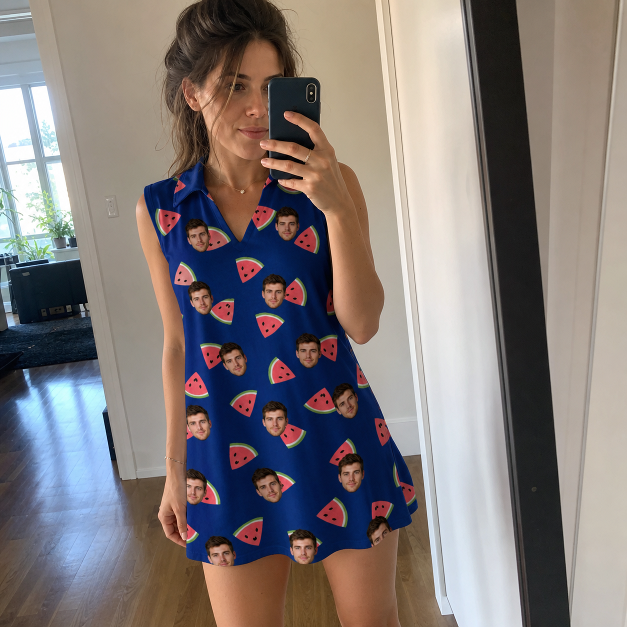 Real-life photo of someone wearing Women's July Quarters Custom Face V-Neck Dress — custom faces printed all-over