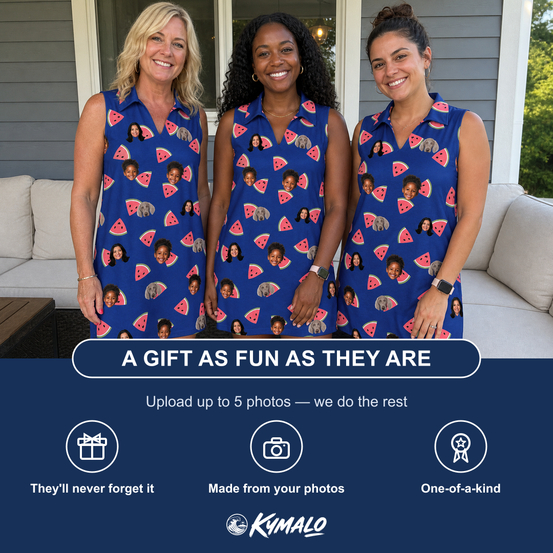 Friends in matching Women's July Quarters Custom Face V-Neck Dress — a group gift photo