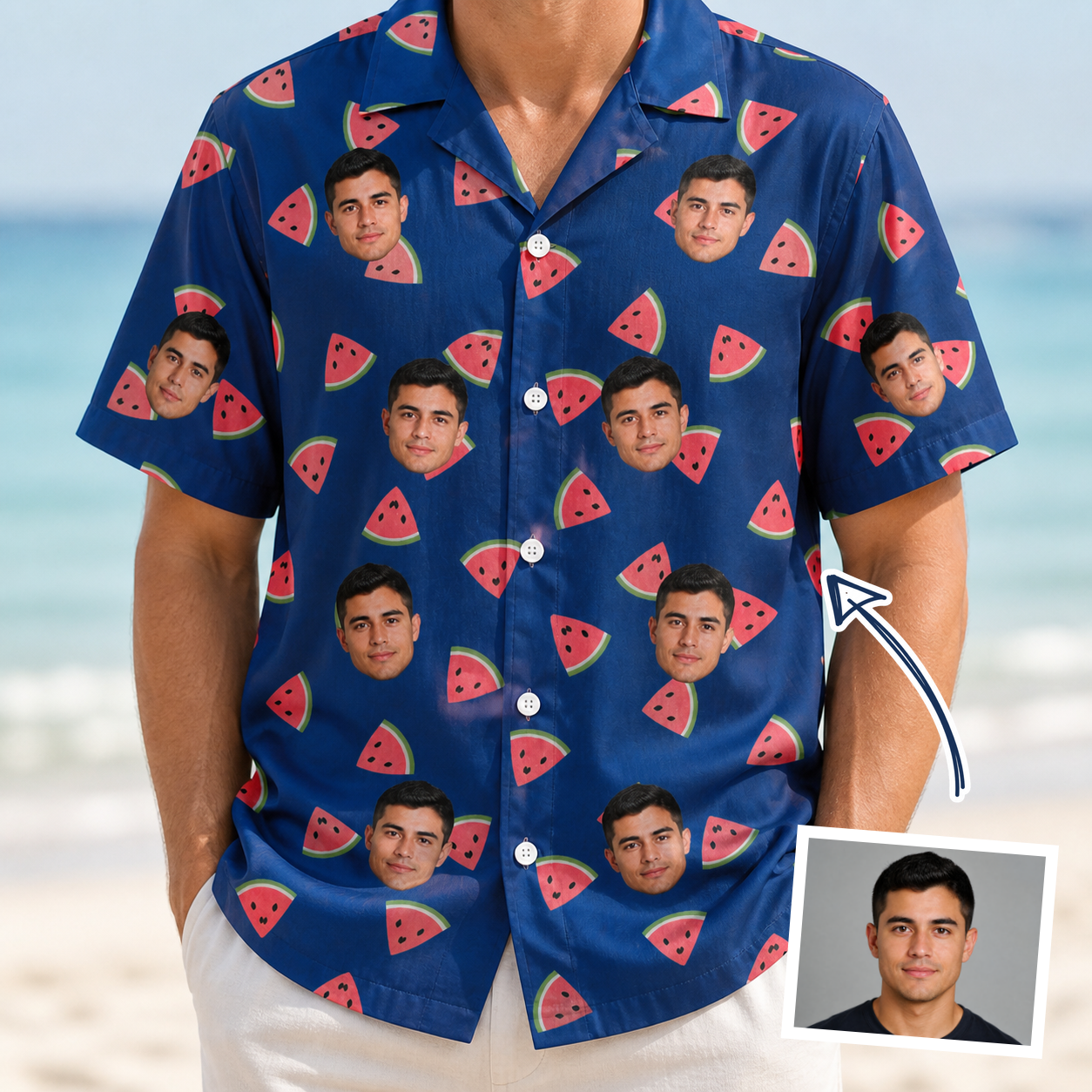 Man wearing Men's July Quarters Custom Face Hawaiian Shirt — custom faces printed all-over