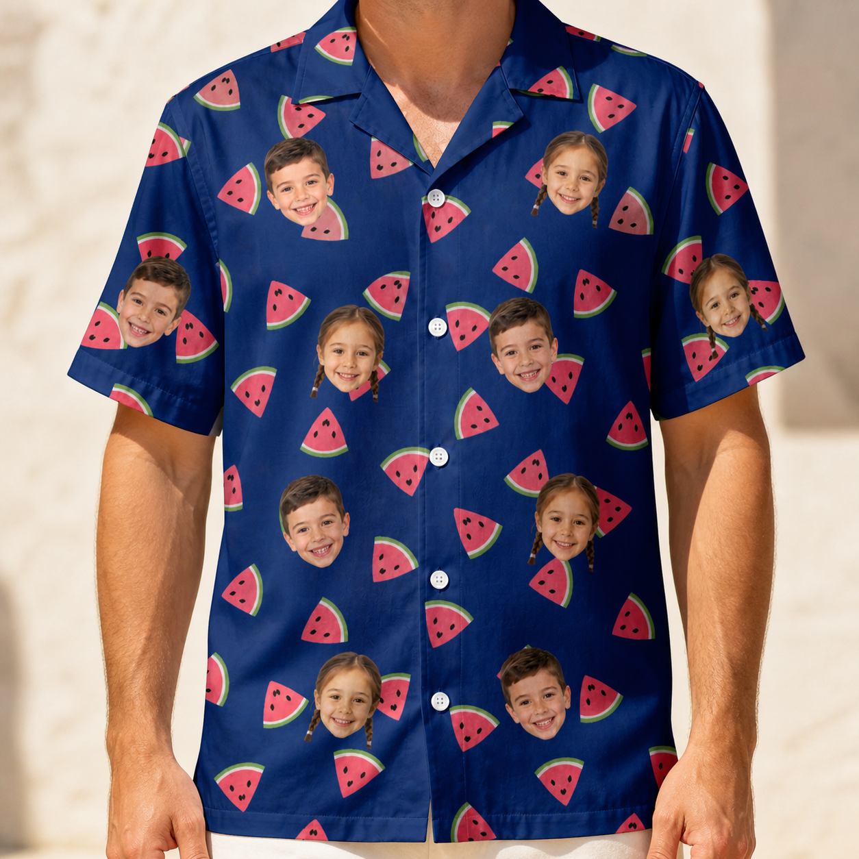 Model wearing Men's July Quarters Custom Face Hawaiian Shirt printed with kids' faces