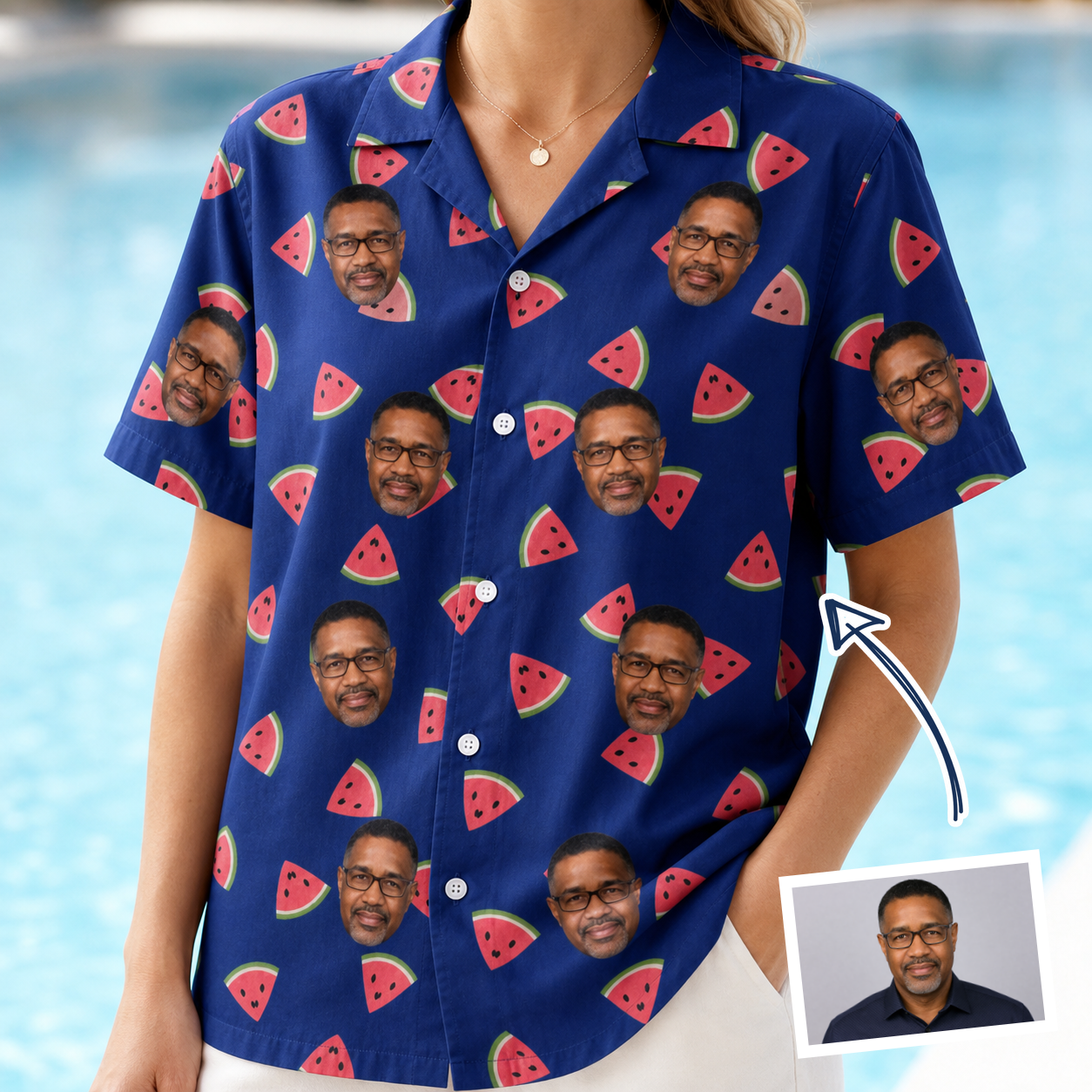 Woman wearing Women's July Quarters Custom Face Hawaiian Shirt — custom faces printed all-over