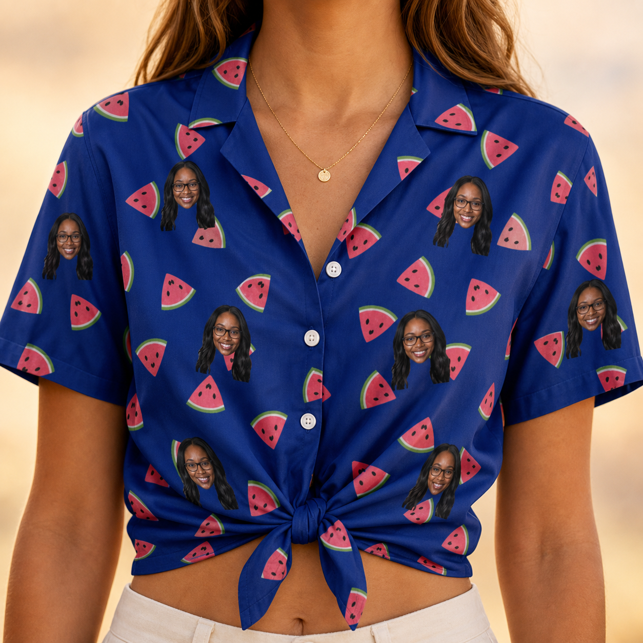 Woman wearing Women's July Quarters Custom Face Hawaiian Shirt tied at the waist