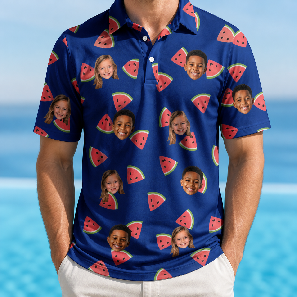 Model wearing Men's July Quarters Custom Face Polo Shirt printed with kids' faces