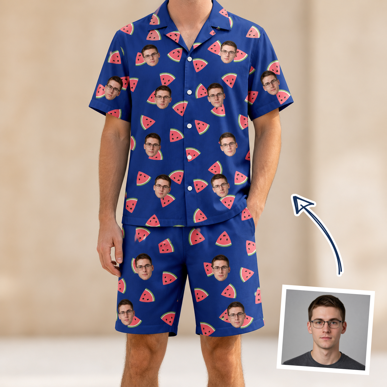 Man wearing Men's July Quarters Custom Face Shirt & Shorts Set — custom faces printed all-over