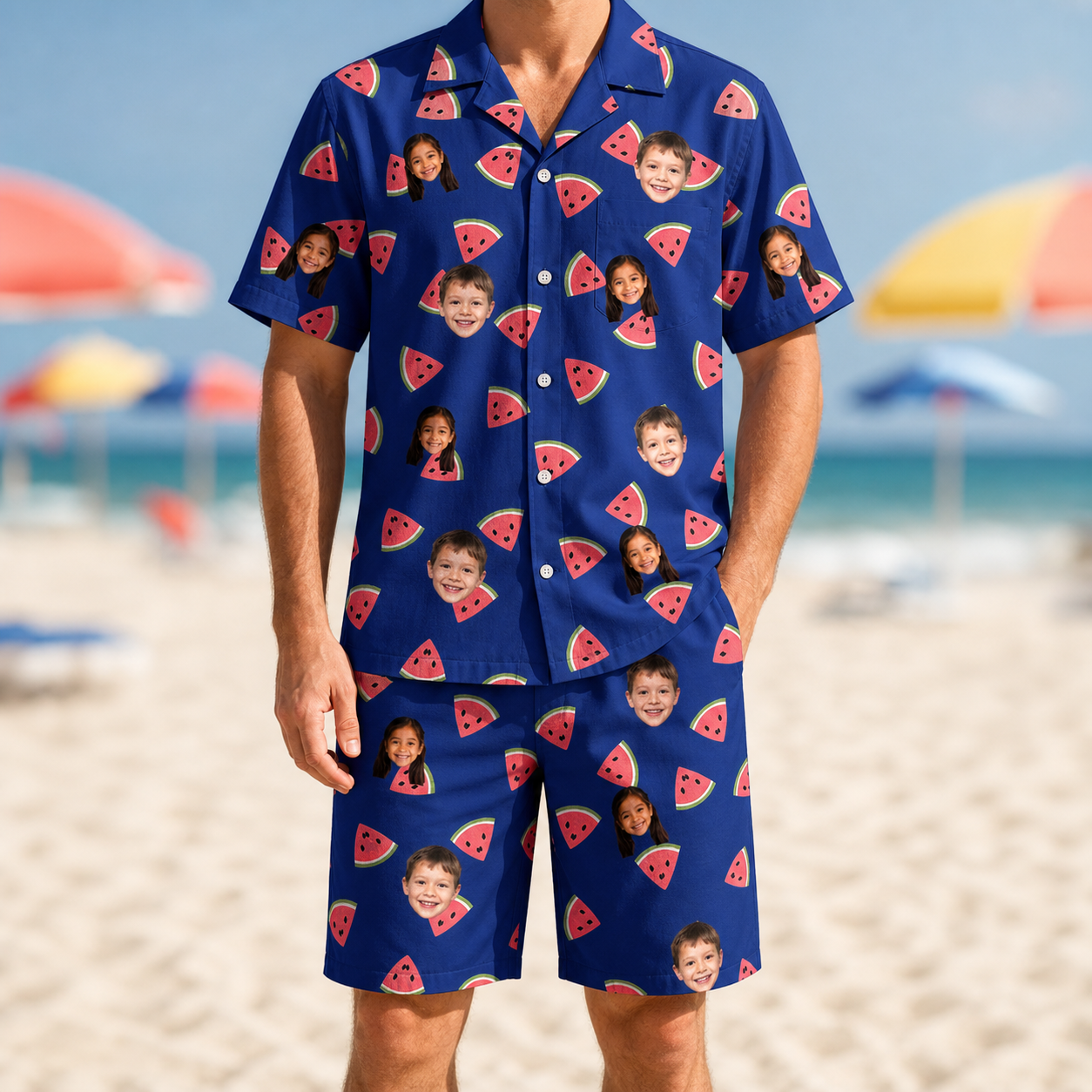 Model wearing Men's July Quarters Custom Face Shirt & Shorts Set printed with kids' faces