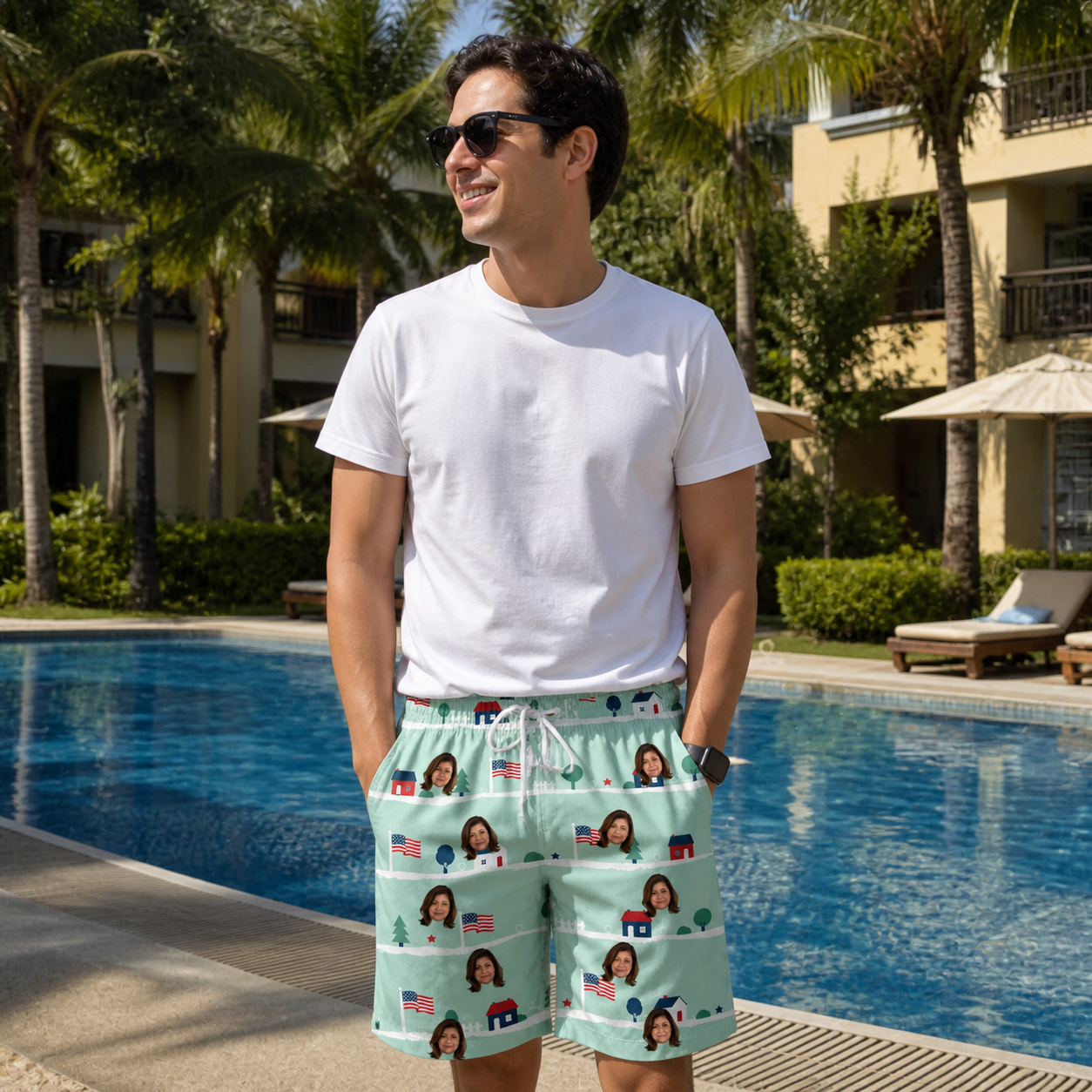 Real-life photo of someone wearing Men's Old Glory Custom Face Beach Shorts — custom faces printed all-over