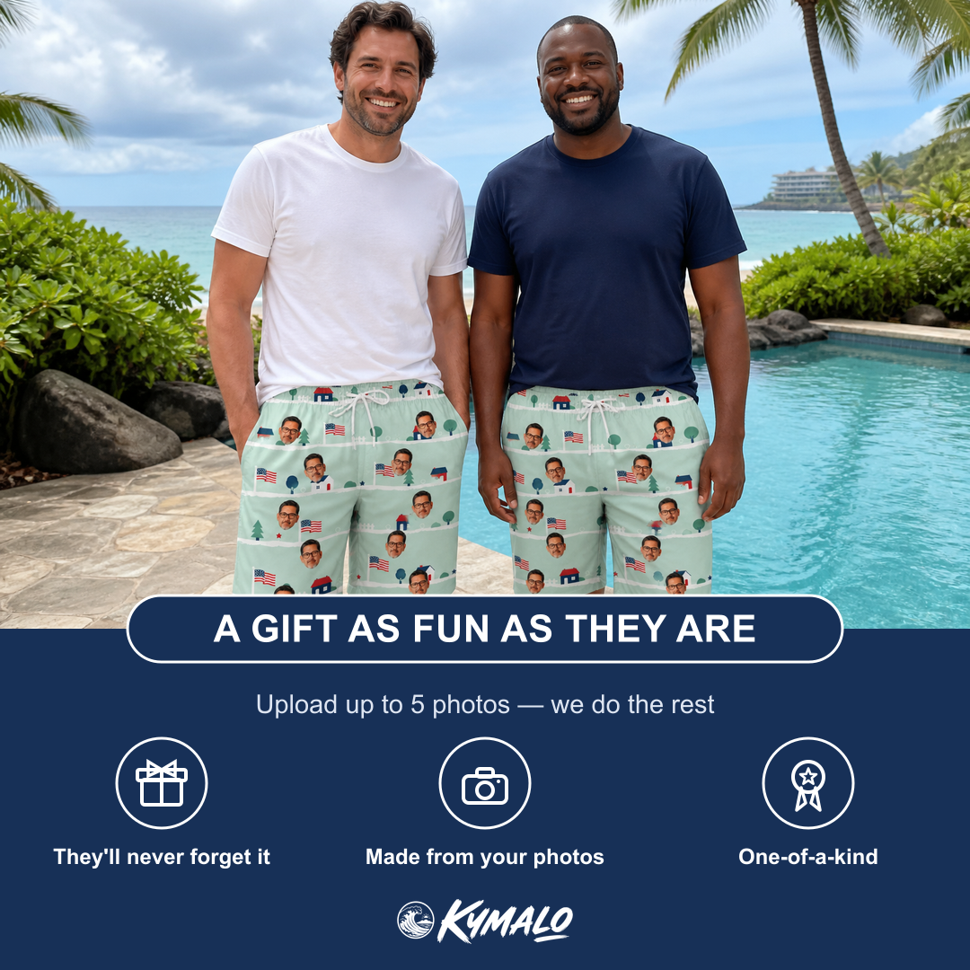 Friends in matching Men's Old Glory Custom Face Beach Shorts — a group gift photo