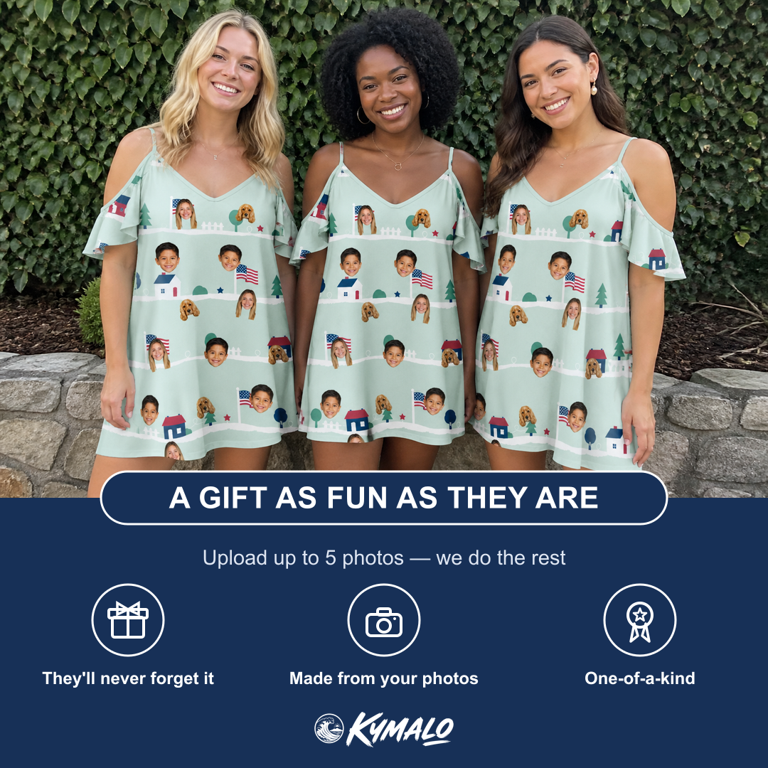 Friends in matching Women's Old Glory Custom Face Off-Shoulder Dress — a group gift photo