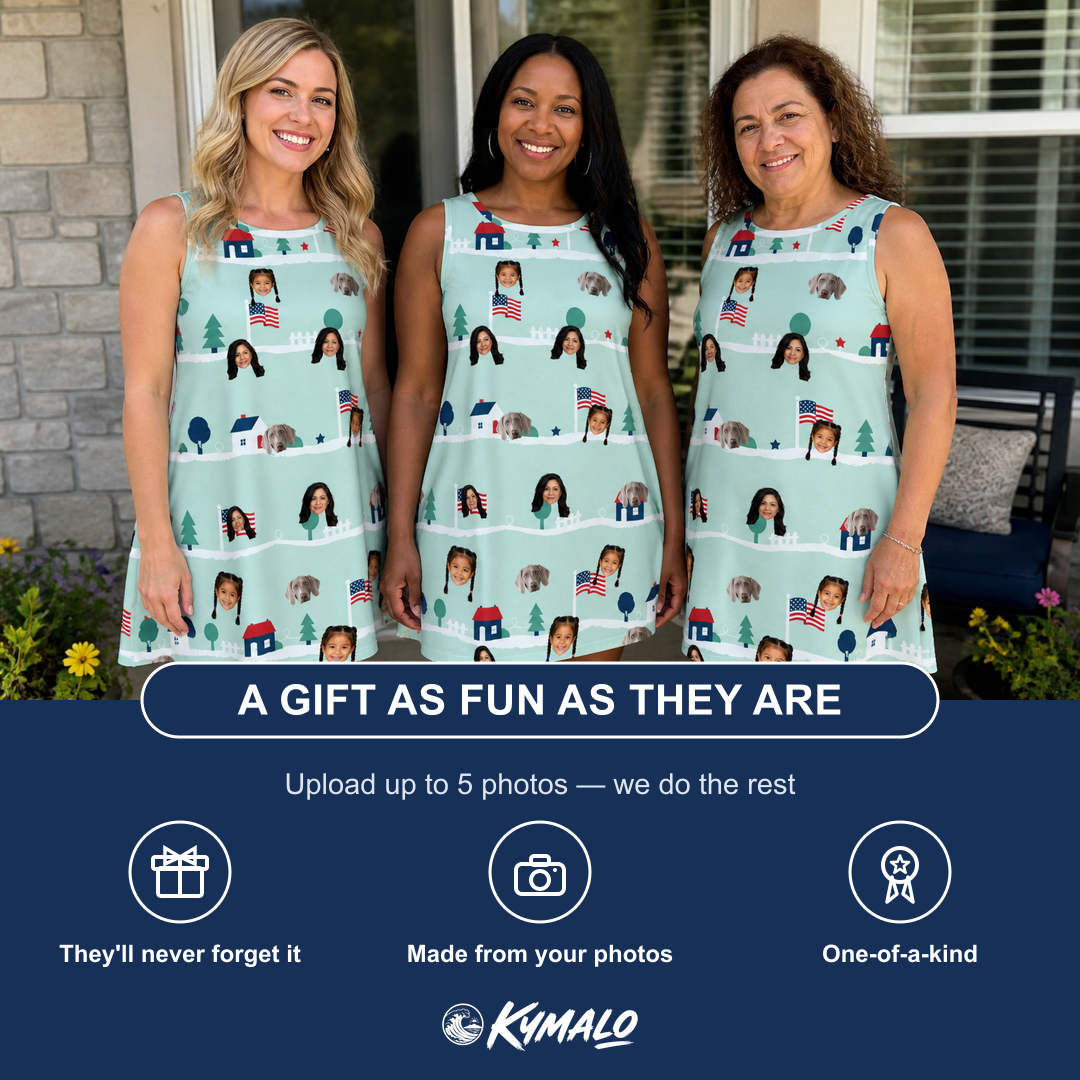 Friends in matching Women's Old Glory Custom Face Tank Dress — a group gift photo