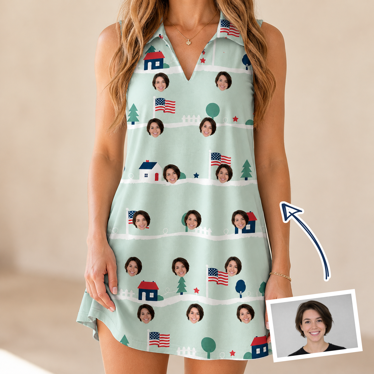 Woman wearing Women's Old Glory Custom Face V-Neck Dress — custom faces printed all-over