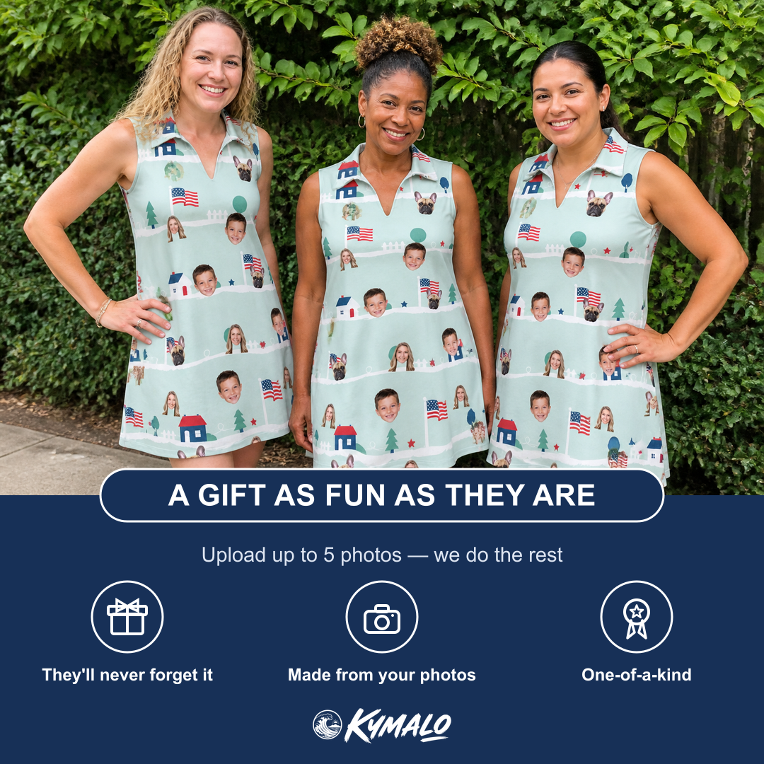 Friends in matching Women's Old Glory Custom Face V-Neck Dress — a group gift photo