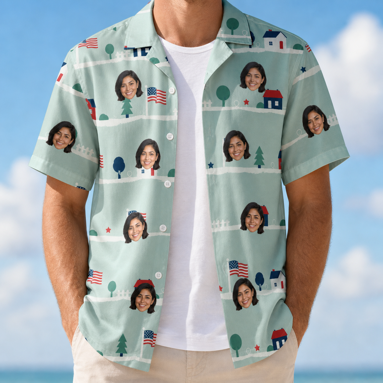 Man wearing Men's Old Glory Custom Face Hawaiian Shirt open over a white tee