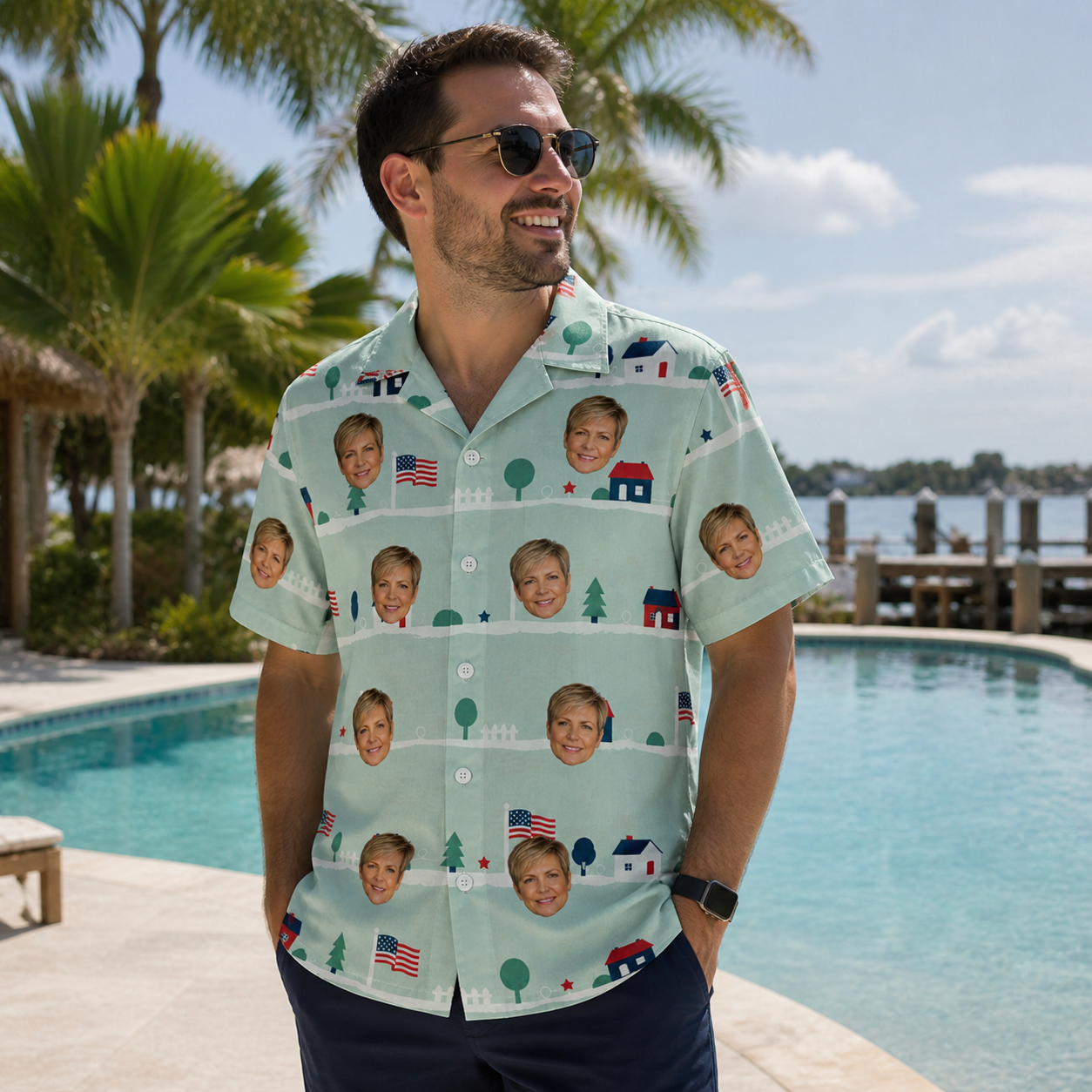 Real-life photo of someone wearing Men's Old Glory Custom Face Hawaiian Shirt — custom faces printed all-over