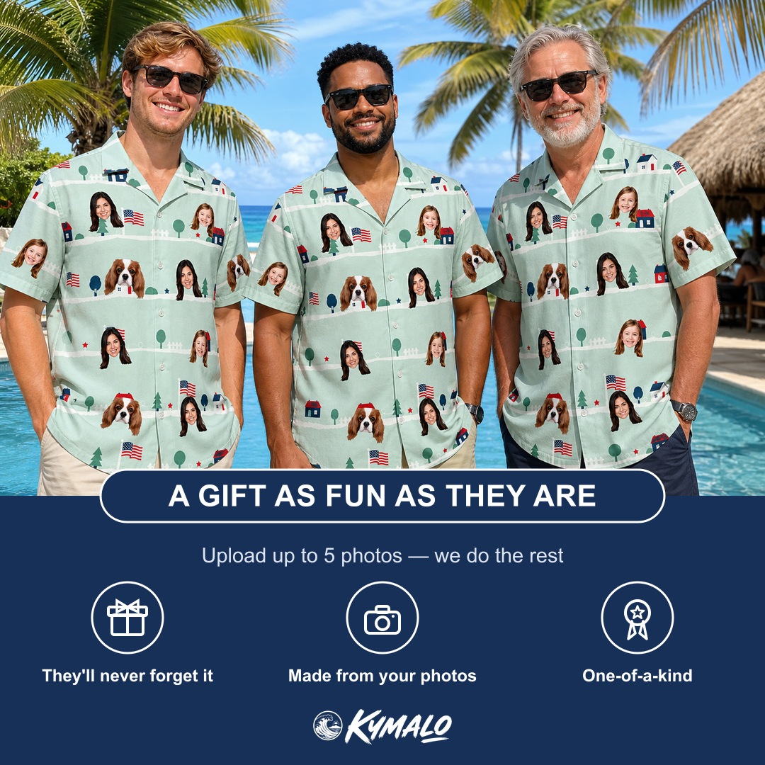 Friends in matching Men's Old Glory Custom Face Hawaiian Shirt — a group gift photo