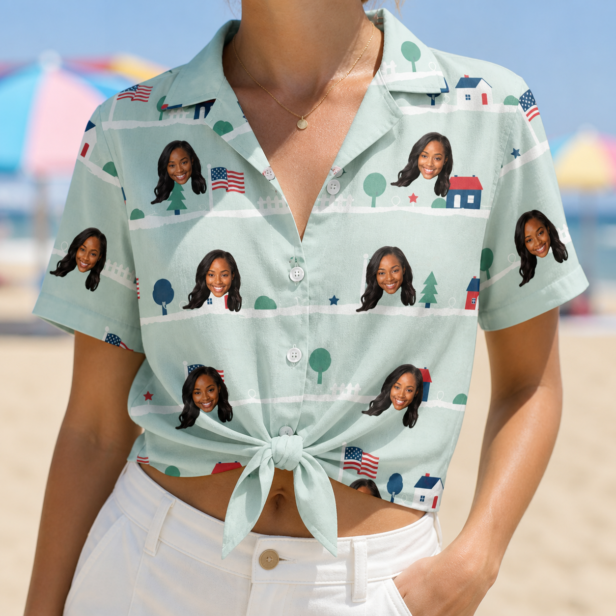 Woman wearing Women's Old Glory Custom Face Hawaiian Shirt tied at the waist