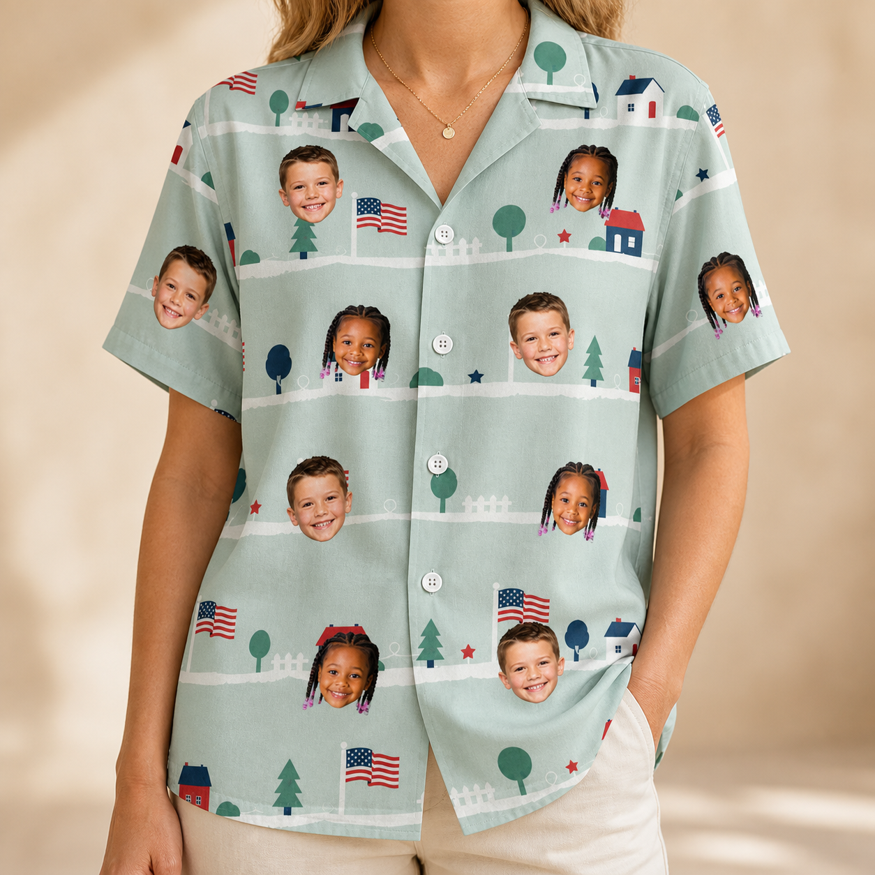 Model wearing Women's Old Glory Custom Face Hawaiian Shirt printed with kids' faces