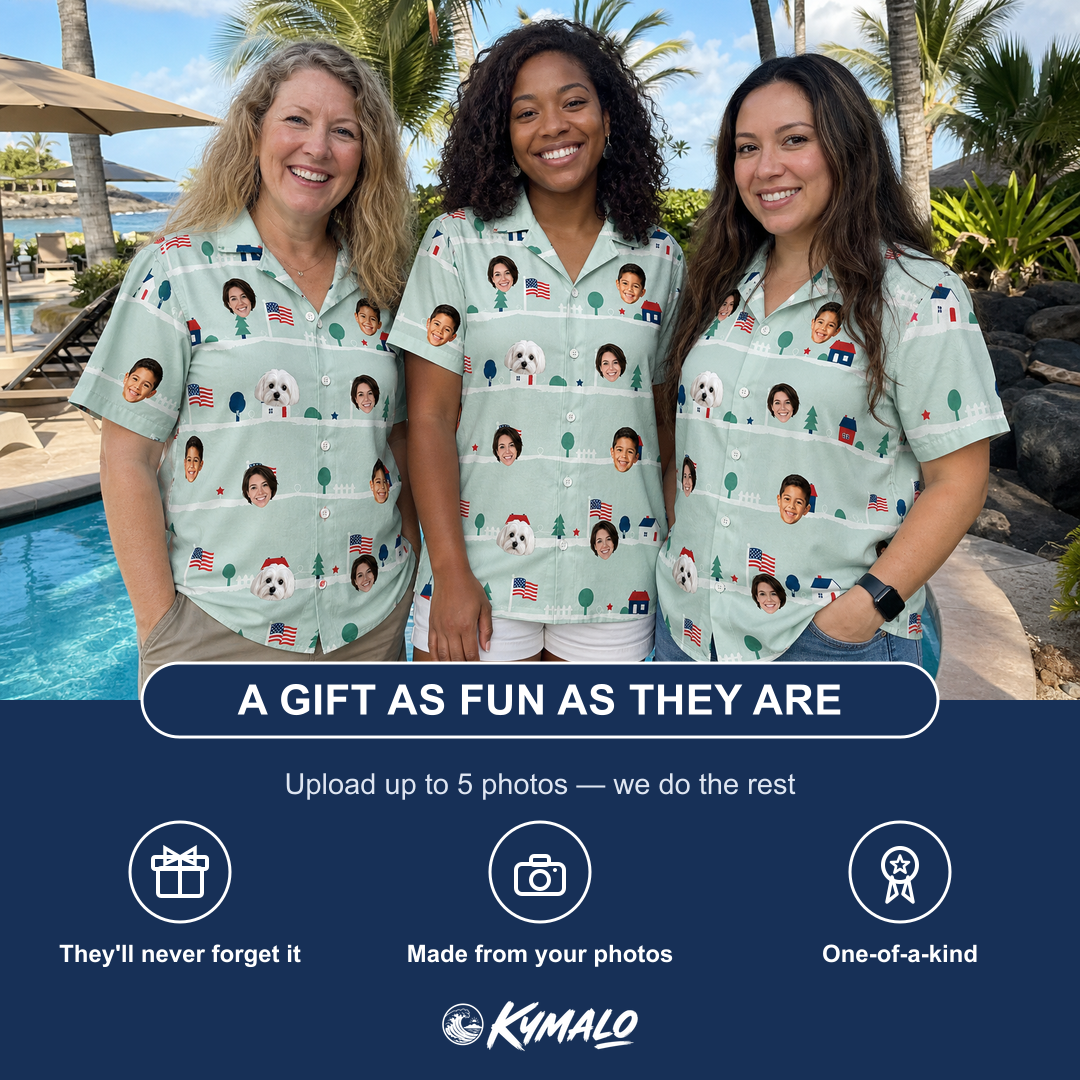 Friends in matching Women's Old Glory Custom Face Hawaiian Shirt — a group gift photo