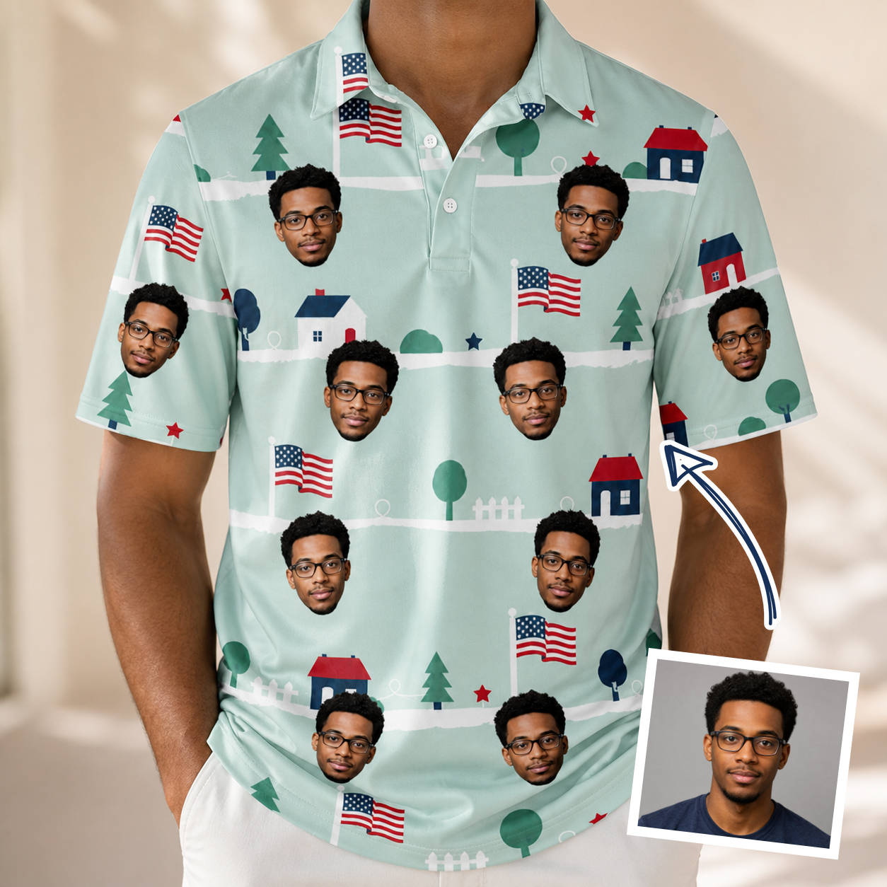 Man wearing Men's Old Glory Custom Face Polo Shirt — custom faces printed all-over