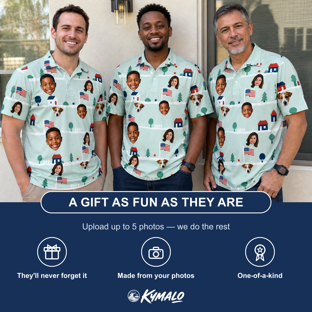 Friends in matching Men's Old Glory Custom Face Polo Shirt — a group gift photo