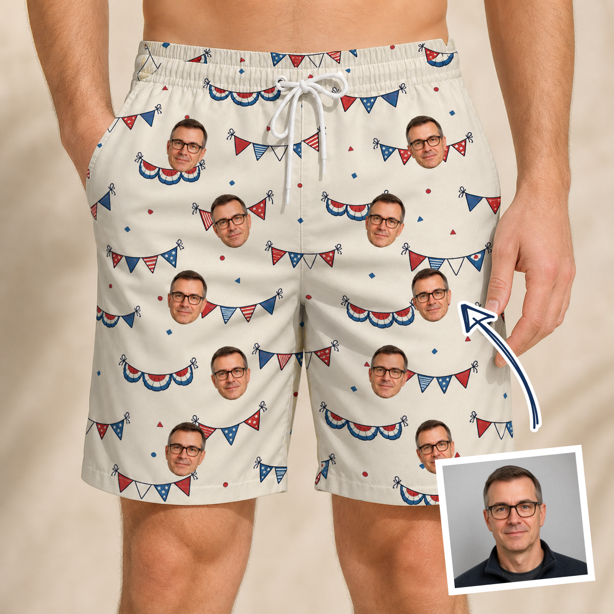 Man wearing Men's Americana Arc Custom Face Beach Shorts — custom faces printed all-over
