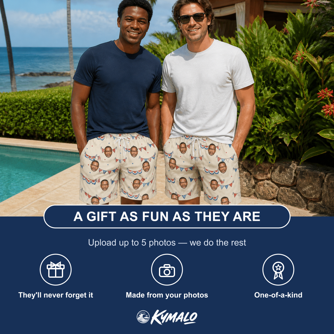 Friends in matching Men's Americana Arc Custom Face Beach Shorts — a group gift photo