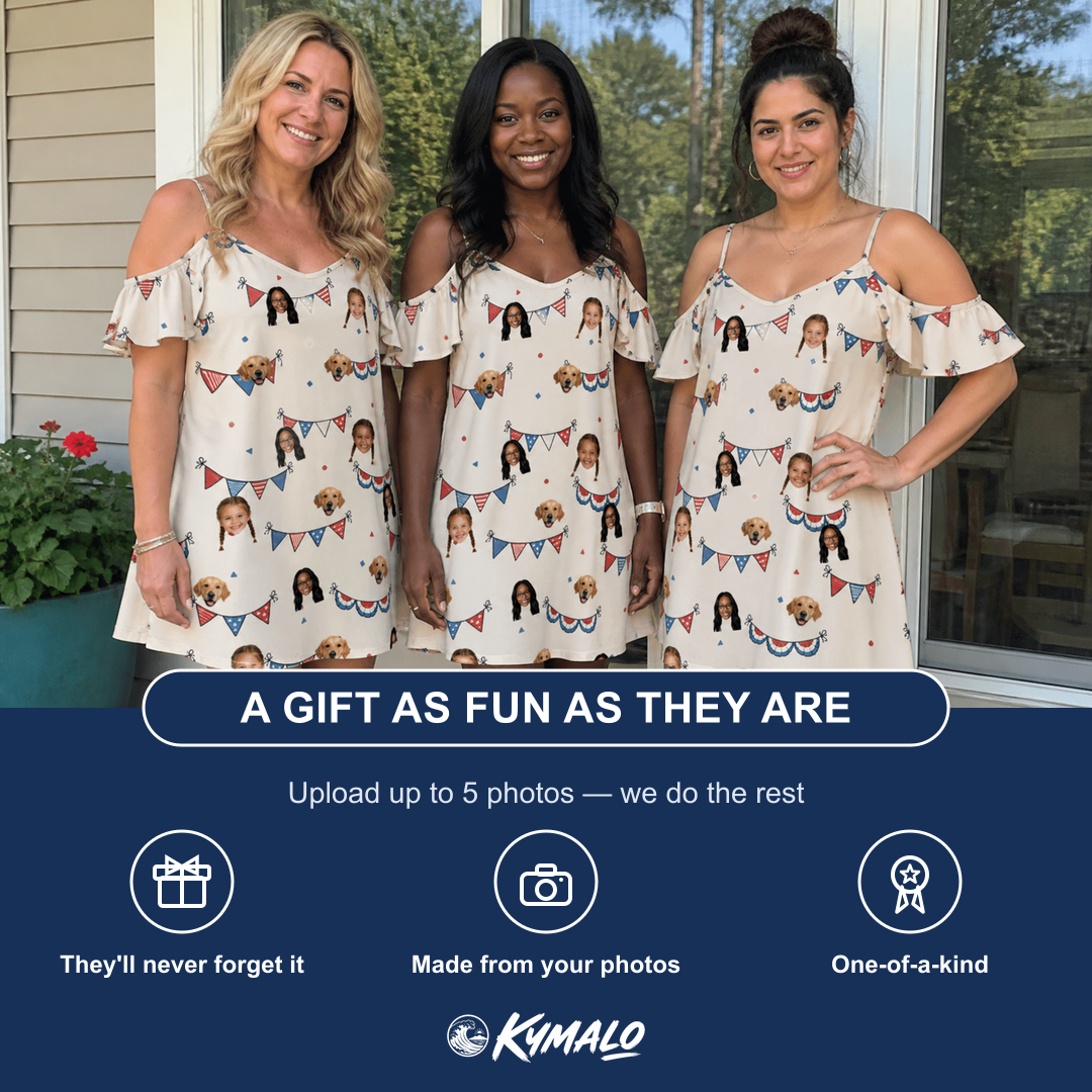 Friends in matching Women's Americana Arc Custom Face Off-Shoulder Dress — a group gift photo