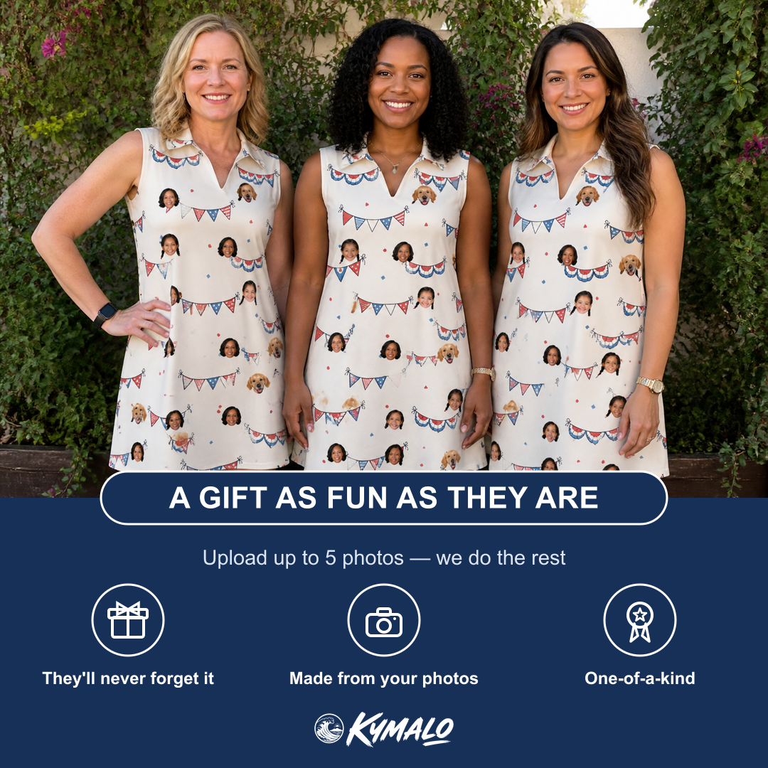 Friends in matching Women's Americana Arc Custom Face V-Neck Dress — a group gift photo