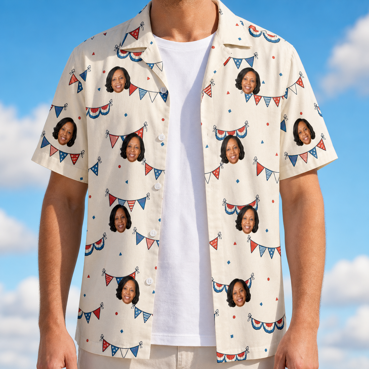 Man wearing Men's Americana Arc Custom Face Hawaiian Shirt open over a white tee