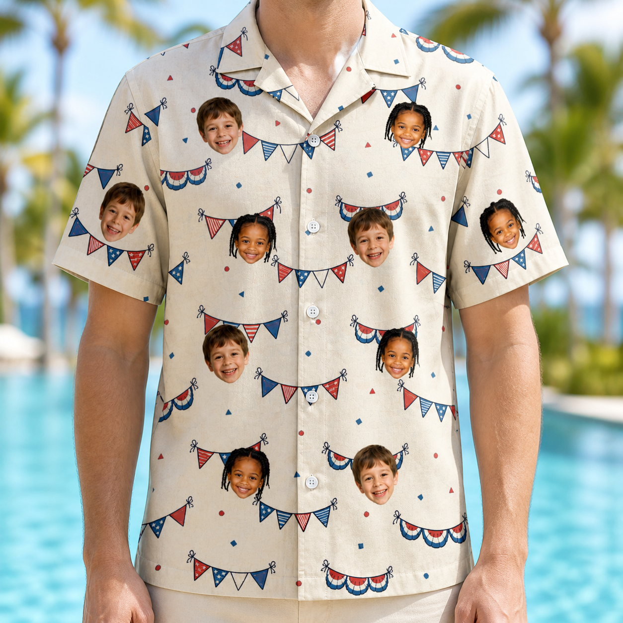 Model wearing Men's Americana Arc Custom Face Hawaiian Shirt printed with kids' faces