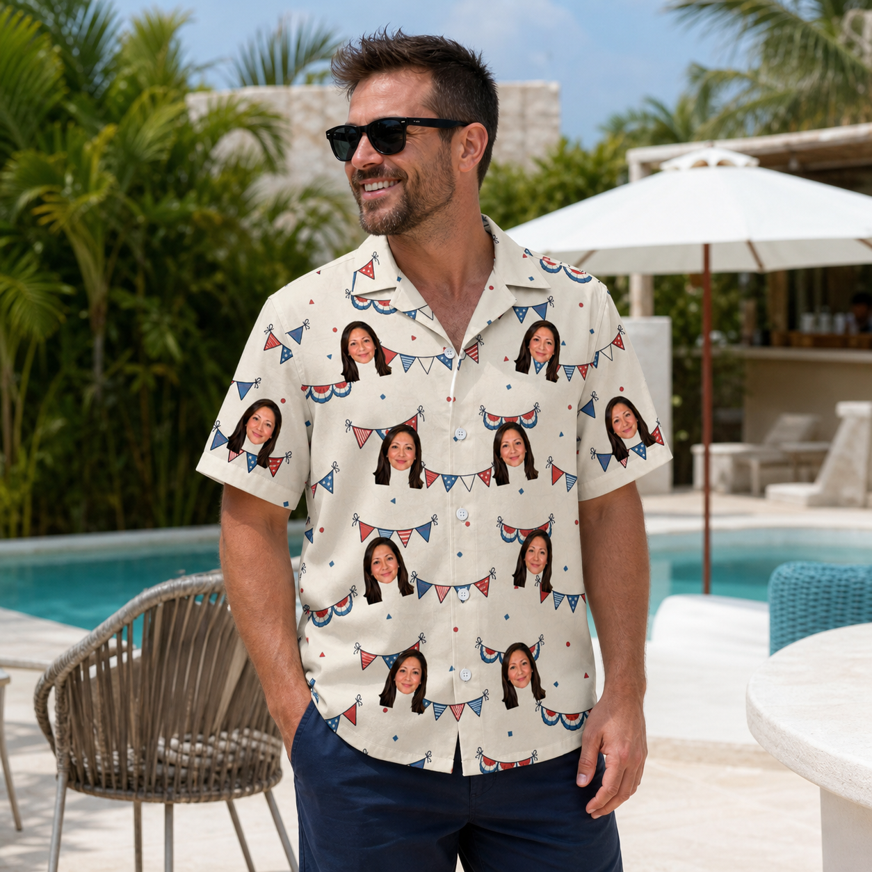 Real-life photo of someone wearing Men's Americana Arc Custom Face Hawaiian Shirt — custom faces printed all-over