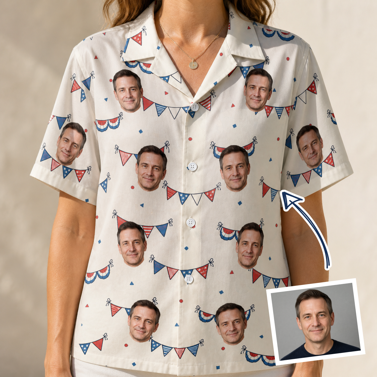 Woman wearing Women's Americana Arc Custom Face Hawaiian Shirt — custom faces printed all-over