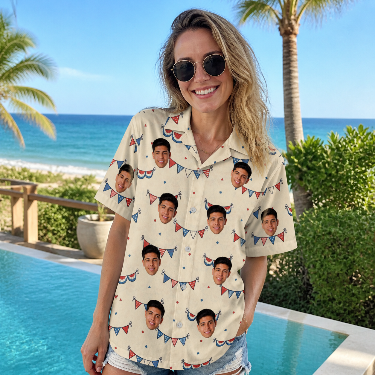 Real-life photo of someone wearing Women's Americana Arc Custom Face Hawaiian Shirt — custom faces printed all-over