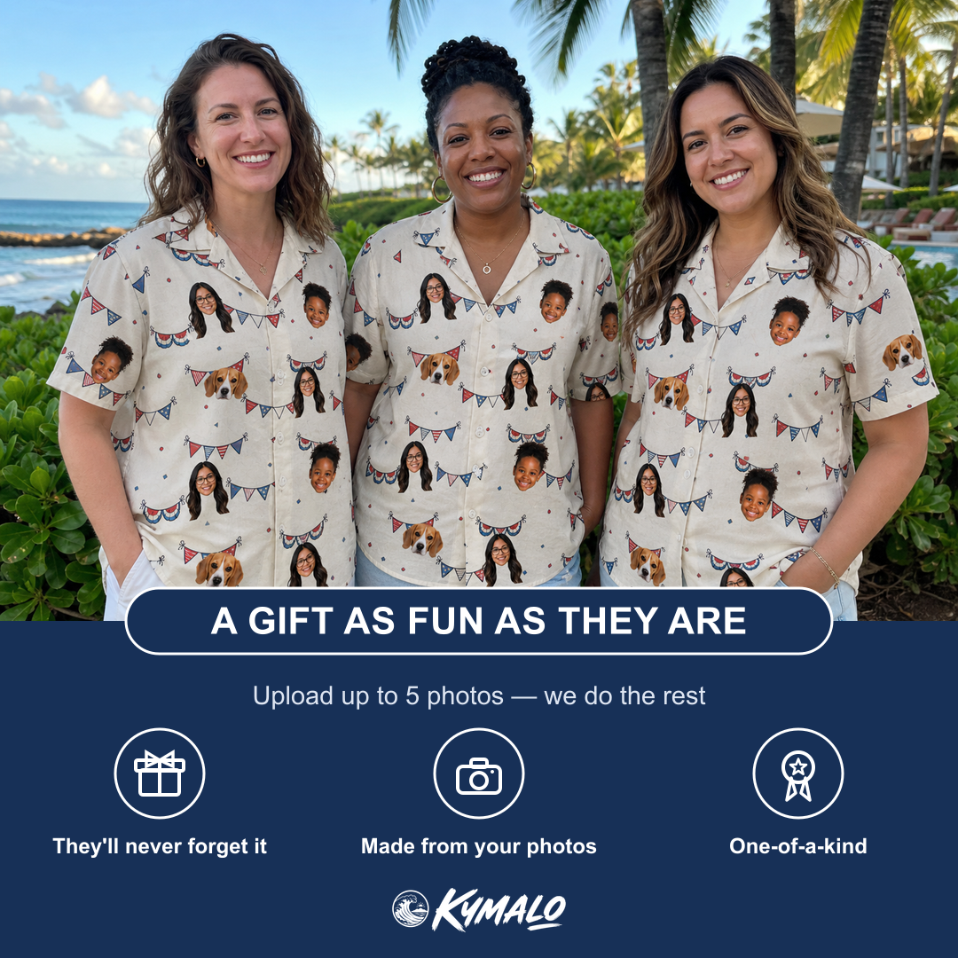 Friends in matching Women's Americana Arc Custom Face Hawaiian Shirt — a group gift photo