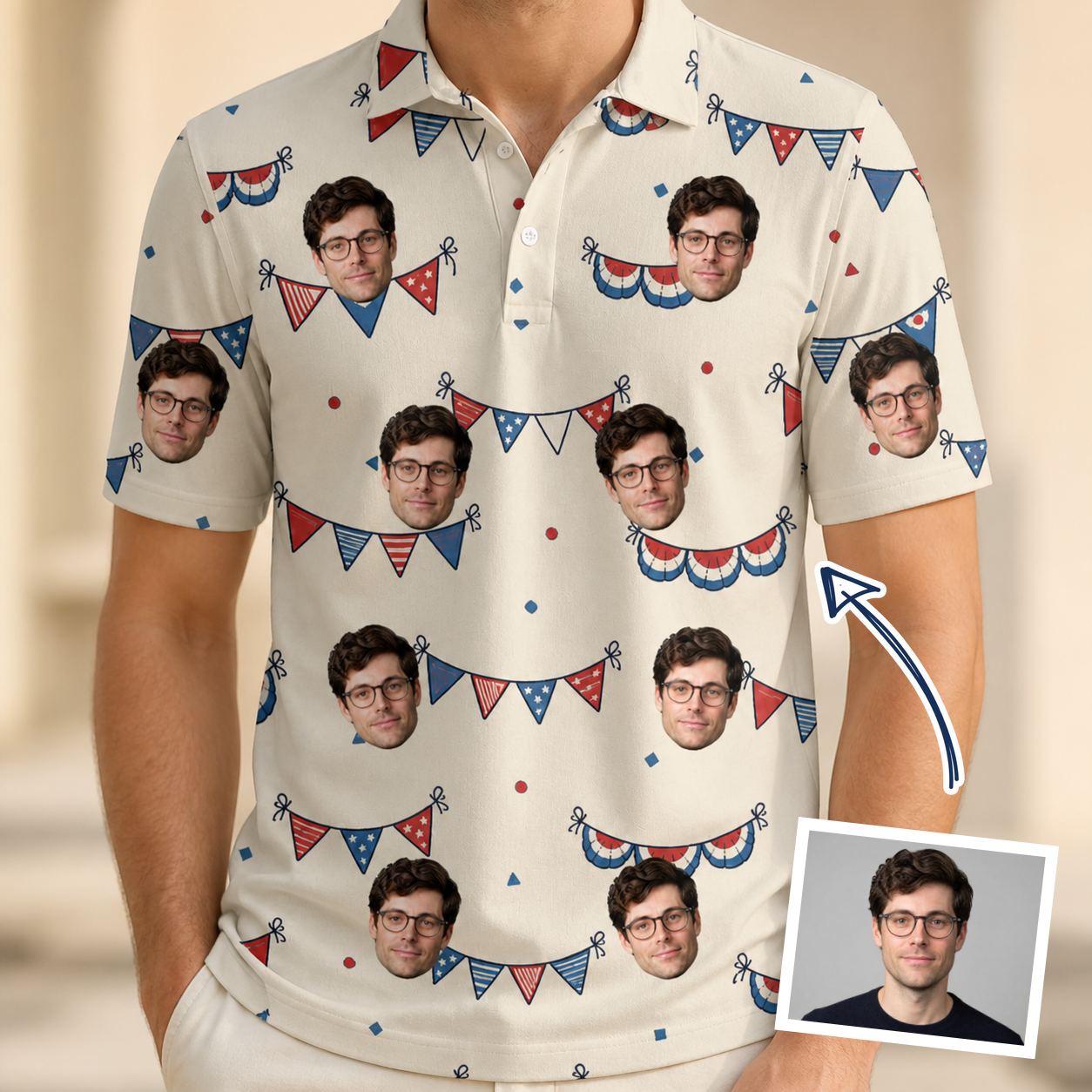 Man wearing Men's Americana Arc Custom Face Polo Shirt — custom faces printed all-over