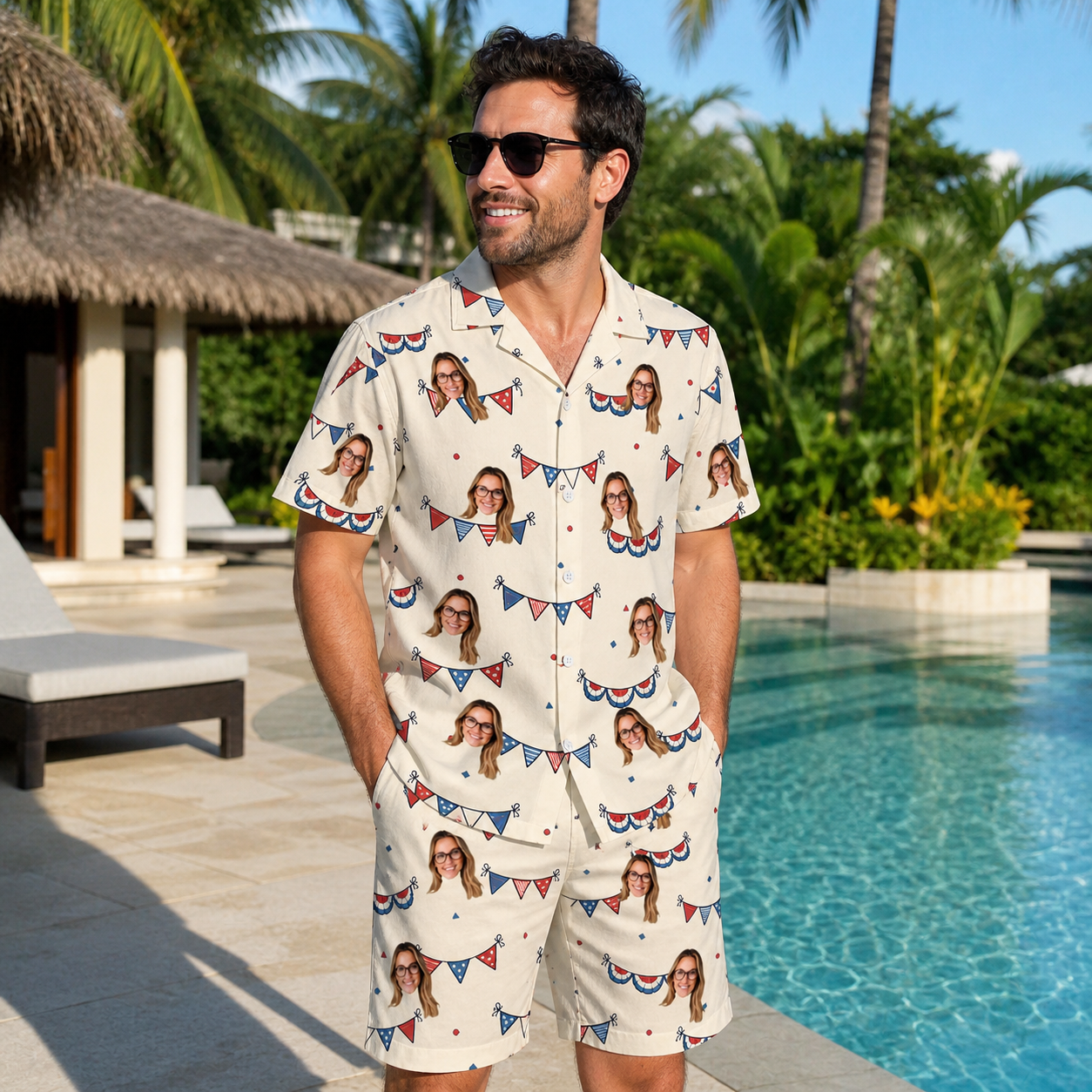 Real-life photo of someone wearing Men's Americana Arc Custom Face Shirt & Shorts Set — custom faces printed all-over