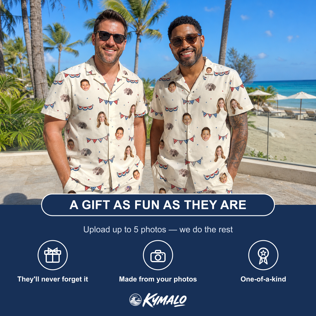 Friends in matching Men's Americana Arc Custom Face Shirt & Shorts Set — a group gift photo