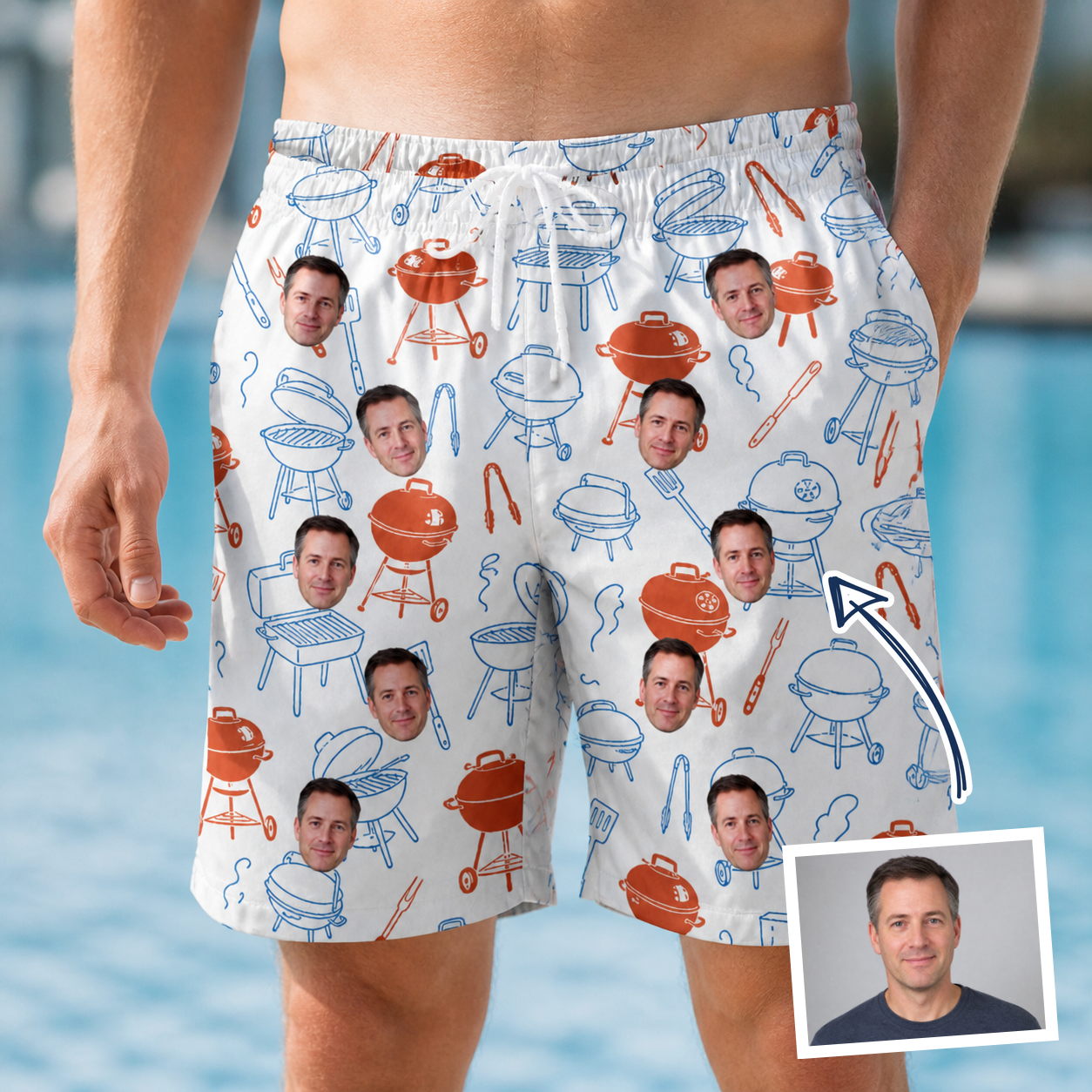 Man wearing Men's Grill Rights Custom Face Beach Shorts — custom faces printed all-over