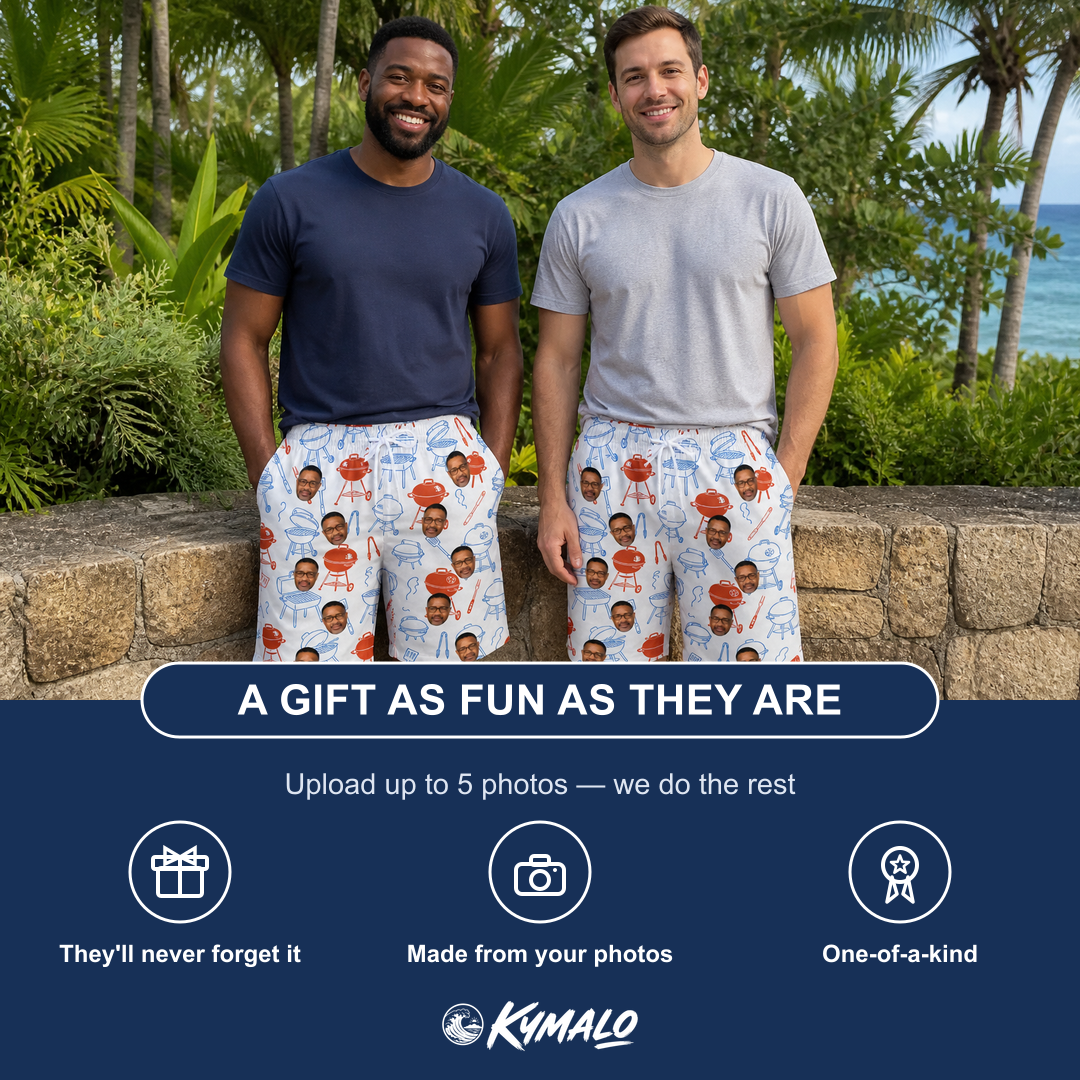 Friends in matching Men's Grill Rights Custom Face Beach Shorts — a group gift photo
