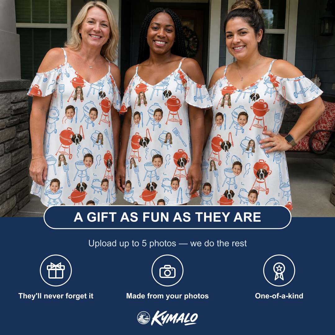 Friends in matching Women's Grill Rights Custom Face Off-Shoulder Dress — a group gift photo