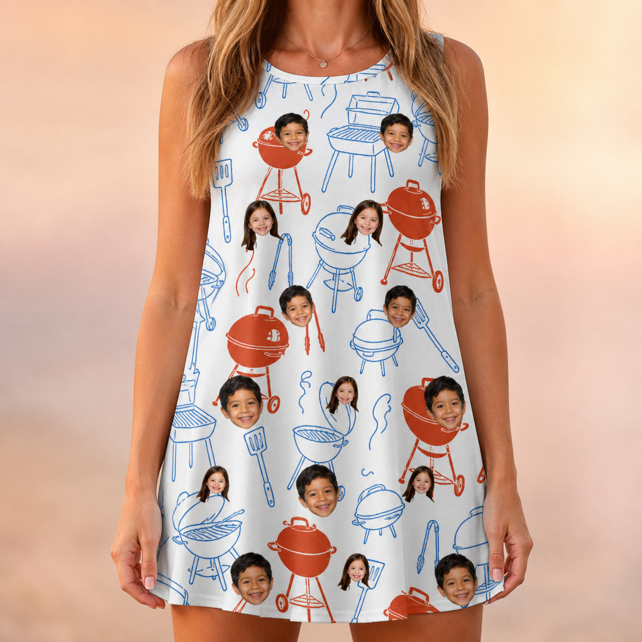 Model wearing Women's Grill Rights Custom Face Tank Dress printed with kids' faces