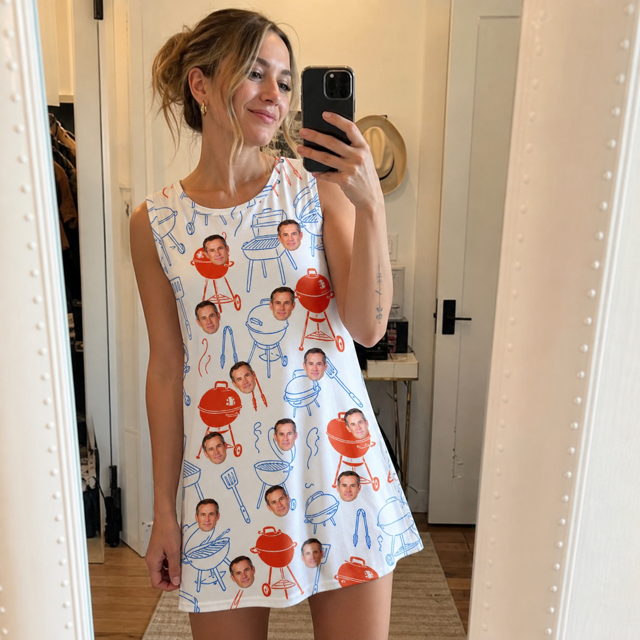 Real-life photo of someone wearing Women's Grill Rights Custom Face Tank Dress — custom faces printed all-over