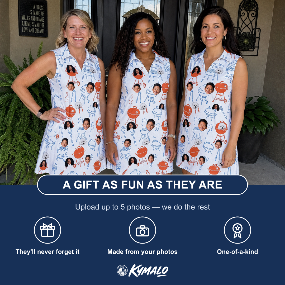 Friends in matching Women's Grill Rights Custom Face V-Neck Dress — a group gift photo