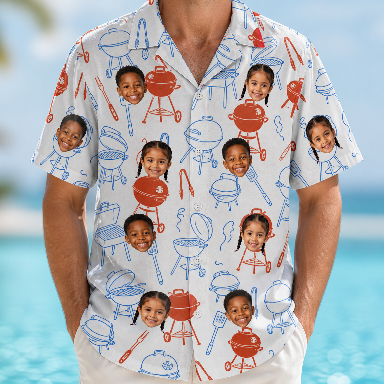 Model wearing Men's Grill Rights Custom Face Hawaiian Shirt printed with kids' faces