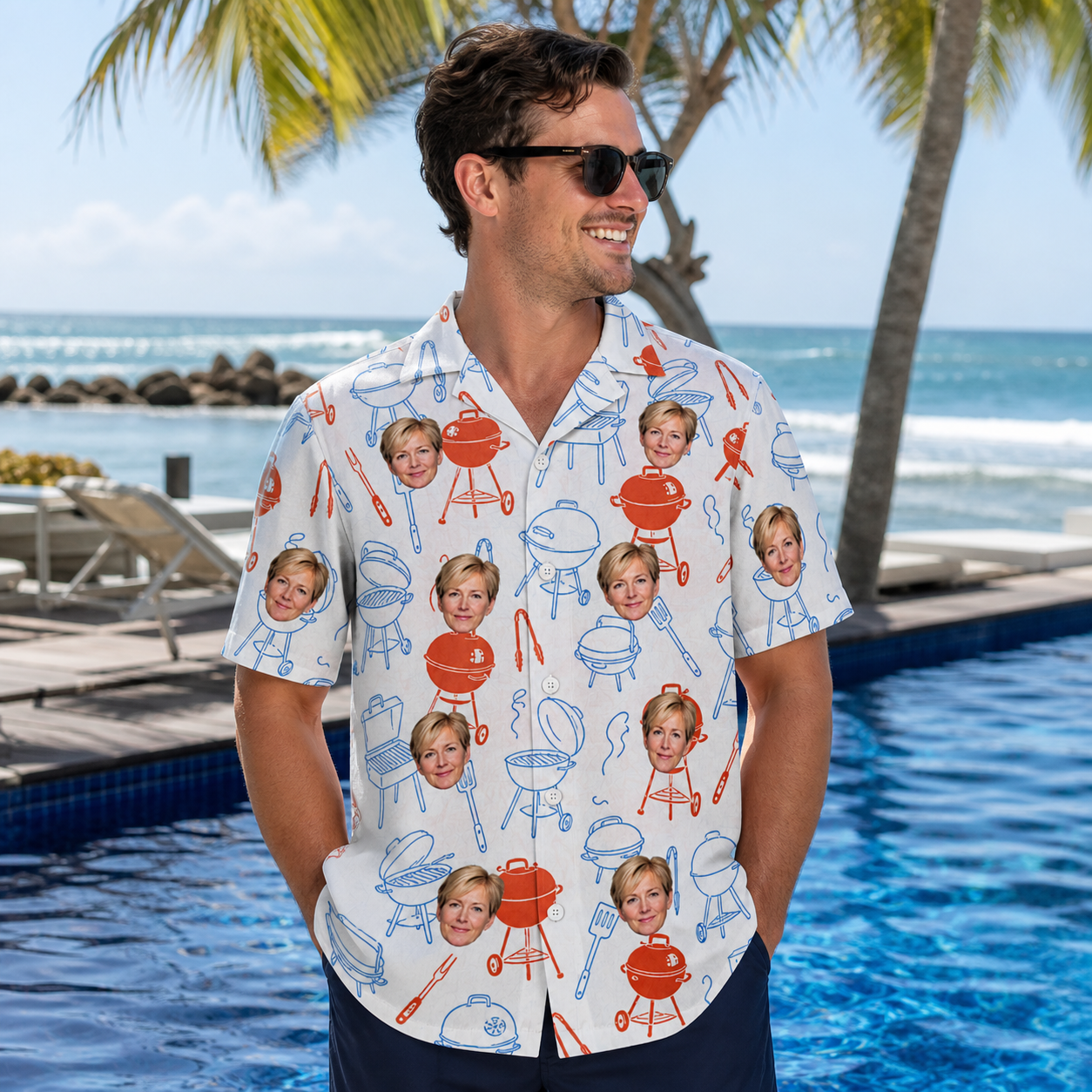 Real-life photo of someone wearing Men's Grill Rights Custom Face Hawaiian Shirt — custom faces printed all-over