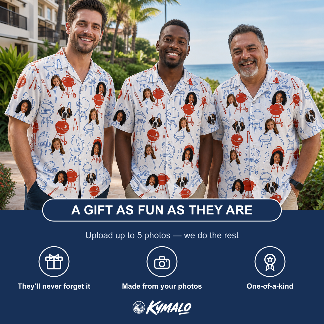 Friends in matching Men's Grill Rights Custom Face Hawaiian Shirt — a group gift photo